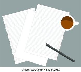 Top view sheets of of paper, a pencil, a cup of coffee