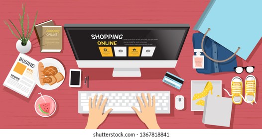 Top View Shoping Online With Notebook For Website,app,supermaket Product,printing,baner.vector Illustration