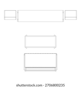 Draufsicht auf das Sofa mit Blick auf einen langen Fernsehschrank, mit einem quadratischen Couchtisch in der Mitte und Beistelltischen, die den Schrank flankieren, für eine ausgewogene Platzierung.