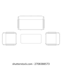 The top view shows the complete sofa set layout, including one long sofa, two single sofas, and a rectangular coffee table.