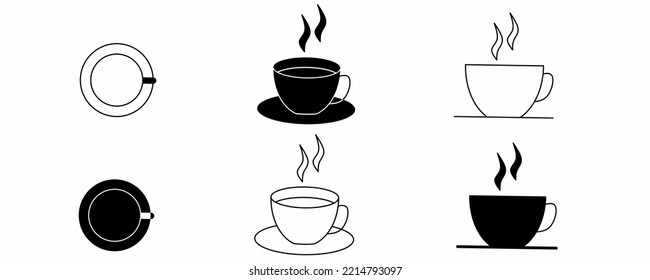 top view and side view coffee or tea cup icon set isolated on white background