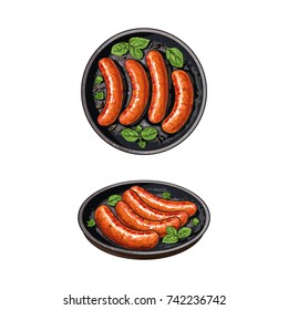 Top view, side view pictures of four freshly grilled, barbequed sausages on frying pan, sketch vector illustration on white background. Realistic hand drawing of grilled, fried sausages on frying pan