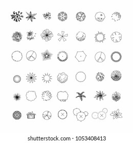 Top view and side view, set of graphics trees elements outline symbol for architecture and landscape design drawing. Vector illustration