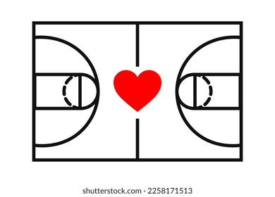 Top view silhouette basketball field with heart, exact proportions. Isolated vector illustration.