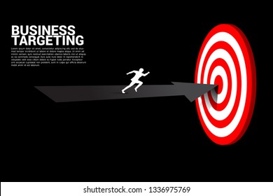 Top view silhouette of businessman running on arrow to center of dartboard. Business Concept of targeting and customer.Company vision mission.