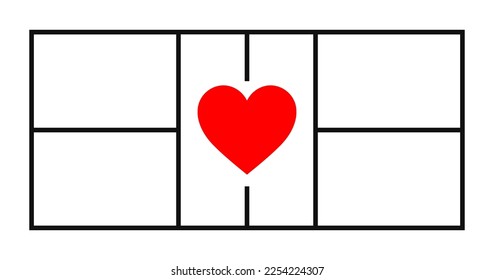 Top view silhouette pickleball court with heart, exact proportions. Isolated vector illustration.