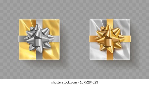 Top view silver and gold foil gift boxes with golden, gray bow and ribbon. Happy New Year, Christmas illustration for postcard, banner, decor, design, arts on transparent background.