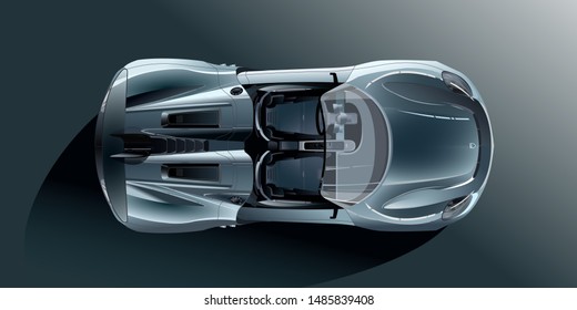 Top view at the silver sports car. Vector illustration.