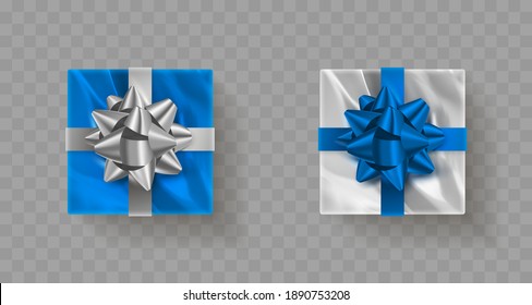 Top view silver, white and blue foil gift boxes with bow and ribbon. Happy New Year, Holiday, black friday illustration for postcard, banner, decor, design, arts on transparent background.