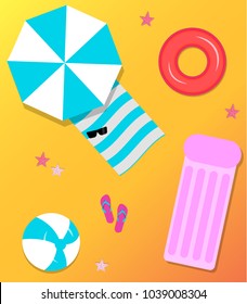 Top view simple illustration of seaside vacation objects lying on sand