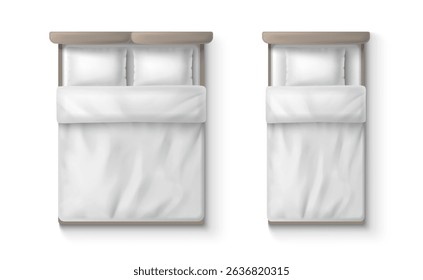Top view of single and double bed with white linen, pillows and blanket, beige headboard. Realistic 3d minimalist modern bedroom furniture, interior design element. Simple elegant product mockup.