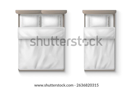 Top view of single and double bed with white linen, pillows and blanket, beige headboard. Realistic 3d minimalist modern bedroom furniture, interior design element. Simple elegant product mockup.