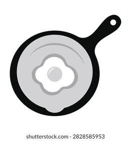 A top view of a single fried egg cooking inside a rustic black cast iron skillet. Simple breakfast scene perfect for culinary concepts, menus, and food websites.