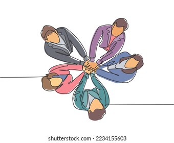 Top view single line drawing of businessmen and business woman handshaking each other. Great teamwork commitment. Business deal concept with continuous line draw style graphic vector illustration