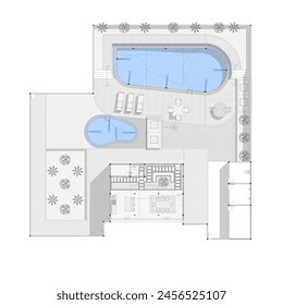 top view sketch or floor plan of the swimming pool and semi-outdoor kitchen