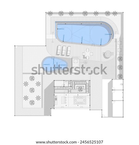 top view sketch or floor plan of the swimming pool and semi-outdoor kitchen