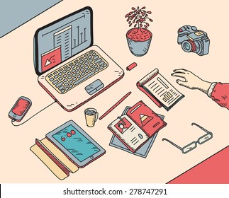 top view sketch hand drawn office or fome workplace freelancer with business objects and items lying on a desk laptop, digital tablet, mobile phone, documents.