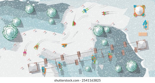 Draufsicht auf das Skigebiet. Schneebedeckte Berge, Skifahrer, Skilift, Bänke, Erholungsgebiet. Ansicht von oben