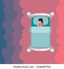 Top view of sleeping woman in bed with clouds on background. Cartoon style female character peacefully resting in her bad. Good night sleep concept metaphor.  Part of set.