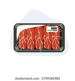 Draufsicht auf geschnittenes Rindfleisch rohes Fleisch in Plastikschale mit Klammerverpackung und Barcode-Etikett Lebensmittel-Illustration