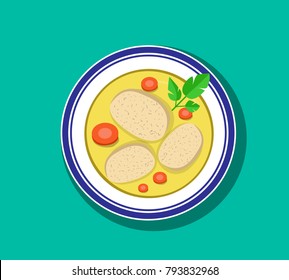 Top view, Sliced gefilte fish soup in bowl, vector design