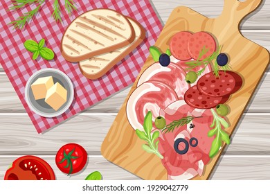 Top view of sliced meat set on the table illustration - Shutterstock ID 1929042779
