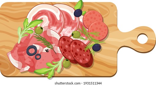 Top view of sliced meat set on a cutting board isolated illustration