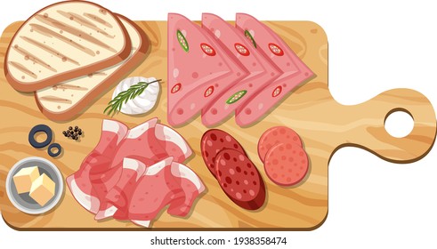 Top view of sliced meat set on a cutting board isolated illustration