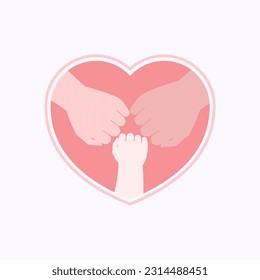 Top view of small fist of baby and two big fists of parents fist bumping in pink heart shaped frame flat illustration