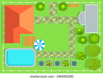 Top view of small private house with swimming pool and garden. Suburban house with plants, bench, beach umbrella, garage flat vector illustration. Plan, exterior concept.