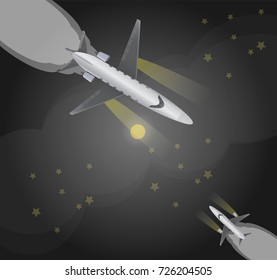 Top View  of Small Private VIP Jet Airplane Over Night sky