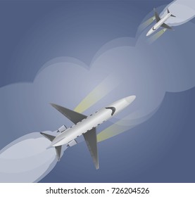 Top View  of Small Private VIP Jet Airplane Over Dark Blue sky