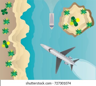 Top View  of Small Private VIP Jet Airplane Over Sea Scape