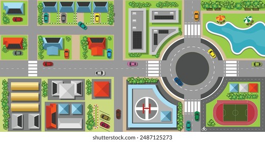 Top view of the smart city with roof of solar cell of house and car on streets, building, hospital, stadium and green garden, urban landscape vector illustration.