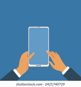 Top view smartphone,  Mobile phone in hand with blue screen.