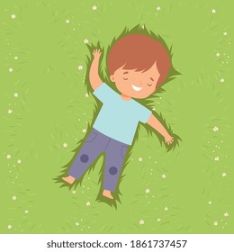 Top View of Smiling Boy Lying Down on Green Lawn, Lovely Kid Having Fun Outdoors Cartoon Vector Illustration