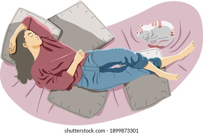 top view of smiling woman relaxing sleeping on couch