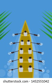 Top view of a snake boat team rowing in the race. Concept  for boat racing in Kerala, India.