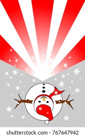 Top view of snowman, snowflakes on gray background; red and white stripes are copy-space for add text. Vector illustration. Concepts of Merry Christmas and Happy New Year, miracle, celebration.