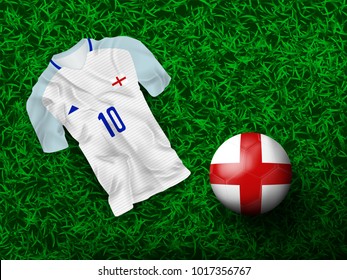 Top view of soccer ball in English flag designed with t-shirt on grass field and copy space on right top. Concept for background of Europe football tournament at England in vector illustration.