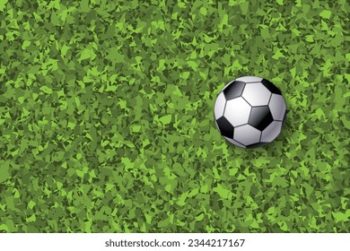 Top view of a soccer ball on a green football field. Vector sport illustration. Classic black and white ball on green grass.