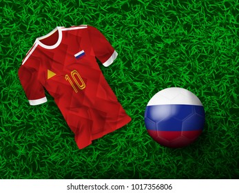 Top view of soccer ball in Russian flag designed with t-shirt on grass field and copy space on right top. Concept for background of Europe football tournament at Russia in vector illustration.