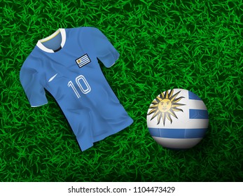 Top view of soccer ball in Uruguay flag designed with t-shirt on grass field and copy space on right top. Concept for background of football tournament at Uruguay in vector illustration.