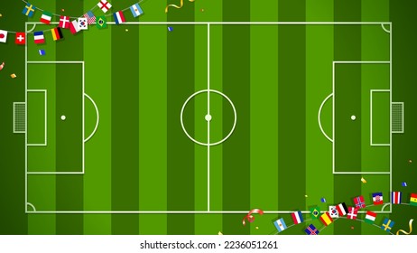 Draufsicht auf Fußball-Hintergrund mit Flaggengarten verschiedener Länder Vektorgrafik. Fußballplatz