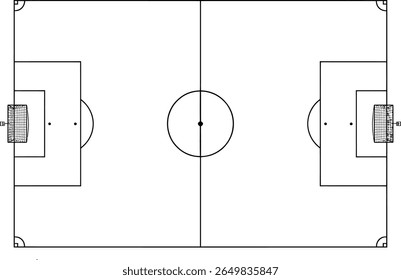 Top view of a soccer field with goal boxes and center circle silhouette