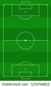 Top view of the soccer field with green stripes. Vector illustration of the green grass football pitch with white markup for a sports game. 