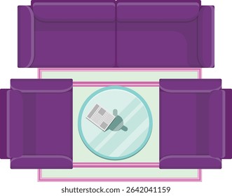 Top View Sofa Set With Round Glass Table And Carpet Vector
