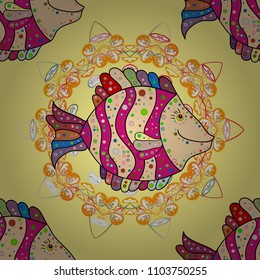 Top view, soft style. Floral composition, hand painted, delicate template. Fish. Stylish invitation for valentines day and greeting card concept. Scenic flower pattern on yellow, beige, magenta colors
