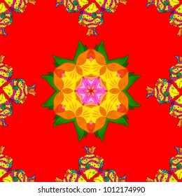 Top view, soft style. Scenic flower pattern on red, yellow and orange colors. Stylish invitation for valentines day and greeting card concept. Fish. Floral composition, hand painted, delicate template