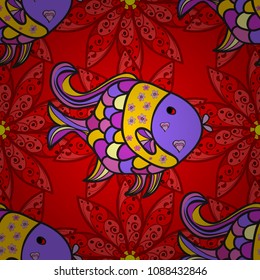 Top view, soft style. Scenic flower pattern on red, violet and gray colors. Stylish invitation for valentines day and greeting card concept. Fish. Floral composition, hand painted, delicate template.